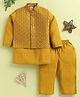TINY TUX Satin Knit Full Sleeves Solid Kurta Pyjama Set With Sequin Embellished & Geometric Embroidered Jacket - Mustard