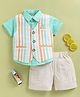 TINY TUX Sinker Knit Half Sleeves Solid Shirt & Shorts Set With Striped Waistcoat - Green