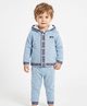 JWAAQ Cotton Knit Full Sleeves NYC Text Embroidered Hooded Cardigan & Pants Set - Light Blue