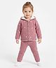 JWAAQ Cotton Knit Full Sleeves Floral Embroidered Hooded Cardigan & Pants Set - Pink