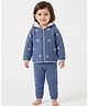 JWAAQ Cotton Knit Full Sleeves Floral Embroidered Hooded Cardigan & Pants Set - Navy Blue