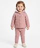 JWAAQ Cotton Knit Full Sleeves Floral Designed Fur Lined Hooded Sweater & Pants Set - Pink