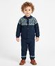 JWAAQ Cotton Knit Full Sleeves Abstract Printed Fur Lined Winter Sweater & Pants Set - Navy Blue