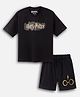 Nap Chief Cotton Blend Knit Warner Bros Featuring Half Sleeves Harry Potter Text Printed Oversized Tee & Shorts Set - Jet Black
