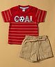 INFANT HOUSE Muslin Knit Half Sleeves Goal Text Embroidered Tee & Shorts Set - Red
