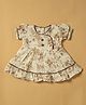 INFANT HOUSE Muslin Knit Half Puffed Sleeves Floral Printed & Bow Applique Detailed Dress - Cream