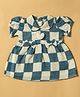INFANT HOUSE Muslin Knit Half Puffed Sleeves Checked Bow & Heart Applique Detailed Dress - Blue