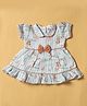 INFANT HOUSE Muslin Knit Half Puffed Sleeves Striped Teddy Printed Bow Applique Detailed Dress - Blue