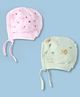 Pink Rabbit Interlock Knit Caps with Knot & Bear Cake Lion Cactus Print Pack Of 2 Light Pink & Light Green - Diameter 10 cm