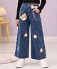 Kiddopanti Denim Woven Teddy Patch Bow Applique Detailed & Pearl Embellished Washed Jeans - Blue