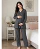 LARIX Cotton Knit Full Sleeves Solid Top & Pajama Night Suit With Front Open Nursing Access - Grey