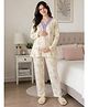 LARIX Cotton Knit Full Sleeves Bunnies Printed Coordinating Maternity Top & Pajama Night Suit With Front Open Nursing Access - Purple & Beige