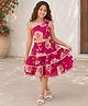 The Magic Wand Cambric Woven One Shoulder Sleeveless Floral Printed Bow Applique Detailed Coordinating Top & Skirt Set - Fuchsia