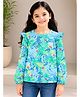 Tiara Cotton Jersey Knit Full Sleeves Leaves Printed Top - Blue