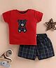 Wonderchild Interlock Knit T-Shirt and Checked Shorts Set with Bear Print - Red