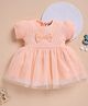 Wonderchild Interlock Knit Frock with Half Puffed Sleeves and Bow Applique in Peach