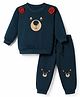 Doodle Poodle 100% Cotton Terry Knit Full Sleeves Light Weight Winter Wear Suit With Bear Print & Applique - Blue