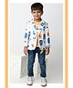 LITTLE COLLARS Blended Woven Full Sleeves Cars Printed Blazer Jeans Set With Tee - White & Yellow