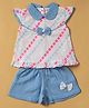 INFANT HOUSE Muslin Woven Cap Sleeves Floral Embroidered & Bow Applique Detailed Top & Shorts Set - White