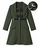Hola Bonita Knit Knee Length Solid Textured Fabric Collared Dress and Belt with Full Sleeves and Bow Applique - Olive Green