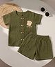 A Toddler Thing Cotton Woven Half Sleeves Buttered Toast Embroidered Shirt & Shorts Set - Olive Green
