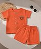 A Toddler Thing Cotton Woven Half Sleeves Hedgehog Embroidered Shirt & Shorts Set - Orange