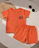 A Toddler Thing Cotton Woven Half Sleeves Hedgehog Embroidered Shirt & Shorts Set - Orange