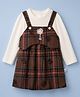 WOW 100% Cotton Woven Fit & Flare Frock with Full Sleeves and Bear Print & Tartan Checks with Floral Beads Applique - Brown