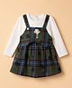 WOW Clothes 100% Cotton Woven Frock with Full Sleeves With Checks and Floral Applique in Green