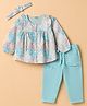 WOW Clothes 100% Cotton Knit Full Sleeves Top and Pant and Headband with Floral Print - Sea Green