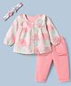 WOW 100% Cotton Knit Front Open Full Sleeves Top and Pant and Headband with Patchwork Print - Pink
