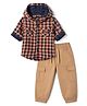 Babyhug 100% Cotton Woven Full Sleeves Hooded Checks Shirt & Joggers Set - Navy Blue