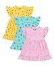 KUCHIPOO Cotton Knit Pack Of 3 Frill Sleeves Floral & Stars Printed Dresses - Yellow Aqua Blue & Pink