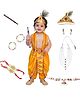 Kaku Fancy Dresses Janmashtami Theme Bal Gopal Costume Set With Wrist Braces Morpankh Mala & Earrings - Yellow