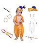 Kaku Fancy Dresses Janmashtami Theme Lord Krishna Costume Set With Wrist Braces Morpankh Mala & Earrings - Yellow