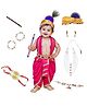 Kaku Fancy Dresses Janmashtami Theme Lord Krishna Costume Set With Wrist Braces Morpankh Mala & Earrings - Magenta