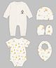 Mi Arcus 100% Cotton Knit Printed Romper, Sleepsuit,Cap,Bib & Mittens- Cream