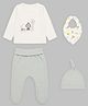 Mi Arcus 100% Cotton Knit Printed Top, Bib & Solid Pajama & Cap Set- Cream & Green