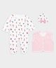 Mi Arcus 100% Cotton Knit Printed Sleepsuit, Cap & Solid Vest Set- White & Pink