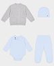 Mi Arcus 100% Cotton Knit Full Sleeves Fish Embroidered Romper & Pajama Set With Cardigan & Cap Set - Blue & Grey