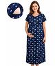 MomToBe Cotton Knit Half Sleeves Abstract Printed Maternity Nighty With Overlap Nursing Access - Navy Blue