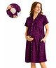 MomToBe Cotton Knit Half Sleeves Abstract Printed Maternity Nighty With Overlap Nursing Access - Plum