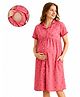 MomToBe Cotton Woven Half Sleeves Abstract Printed Maternity Nighty With Overlap Nursing Access - Flamingo Pink