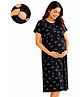 MomToBe Cotton Knit Half Sleeves Abstract Printed Maternity Nighty With Overlap Nursing Access - Ink Black
