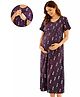 MomToBe Cotton Knit Half Sleeves Abstract Printed Maternity Nighty With Overlap Nursing Access - Purple