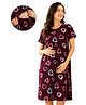MomToBe Cotton Knit Half Sleeves Abstract Printed Maternity Nighty With Overlap Nursing Access - Wine Red