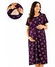 MomToBe Cotton Knit Half Sleeves Abstract Printed Maternity Nighty With Overlap Nursing Access - Eggplant Purple