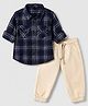 Babyhug 100% Cotton Woven Full Sleeves Checked Shirt and Joggers Set - Navy Blue