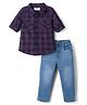 Babyhug 100% Cotton Woven Full Sleeves Shirt and Denim Pant with Checks - Navy Blue & Blue