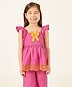 One Friday Cotton Woven Frill Sleeves Floral Embroidered & Bow Applique Detailed Top - Pink